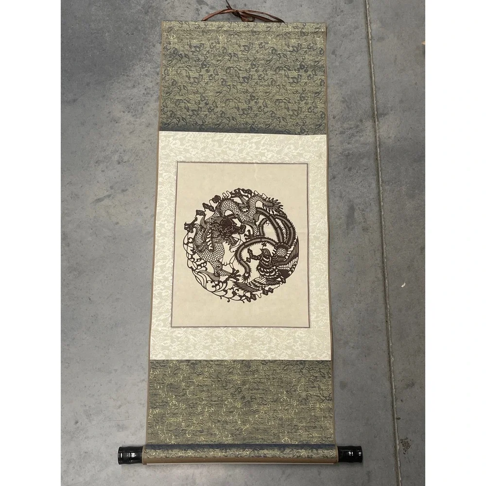 Vintage Chinese Wall Scroll Dragon and Phoenix Paper Cut Art Silk Fabric Decor